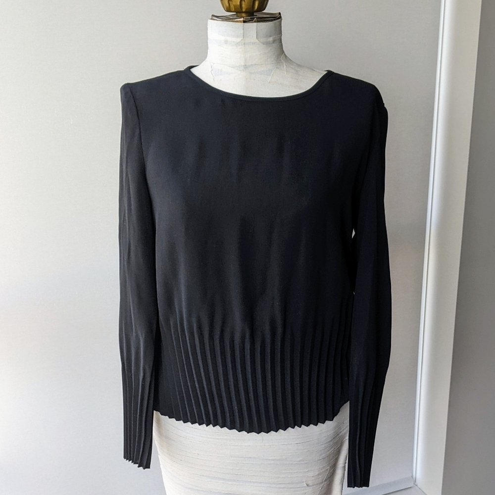Amaryllis Black Pleated Hem Long Sleeve Blouse